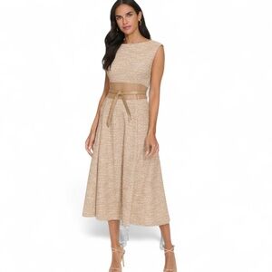 Calvin Klein Tan & White Tweed Self Tie Midi Dress Size 6 New w/ Tag